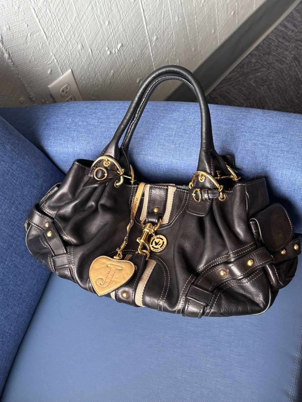Iconic Juicy Couture Black Leather Shoulder Bag with Shop and mirror charm